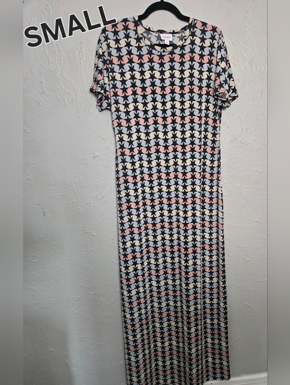 LuLaRoe Maria Sheath Maxi Dress Size Small Star Print Short Sleeve Womens